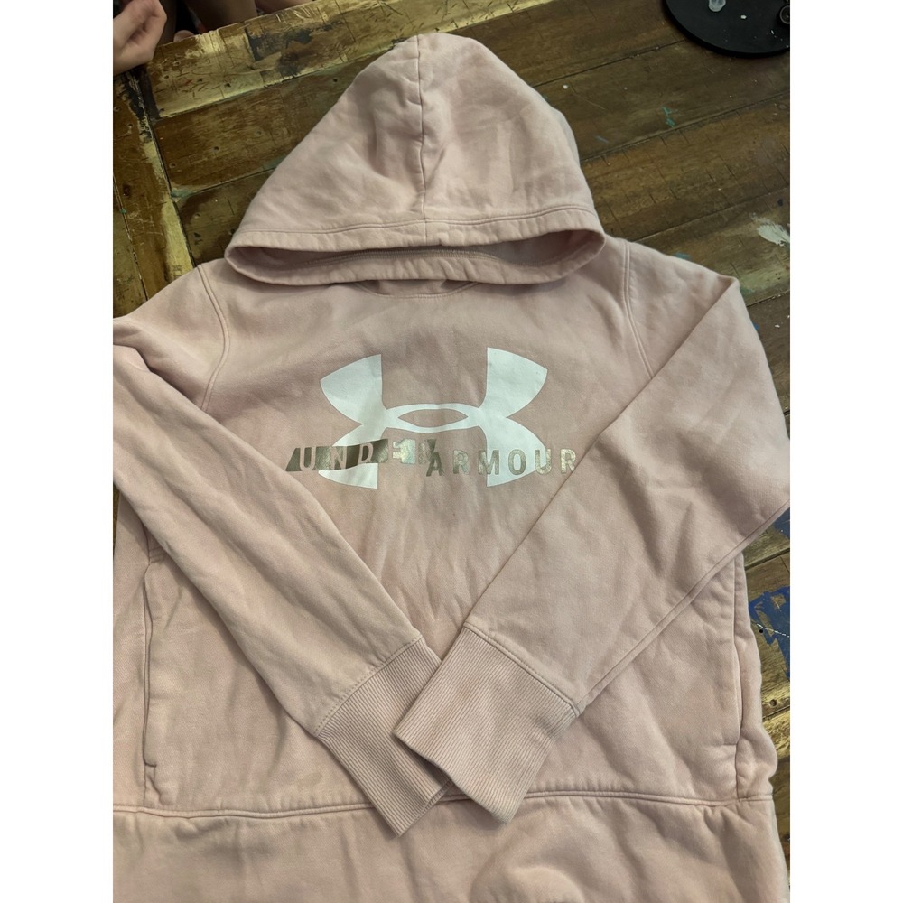 Under Armour Womens Pink Metallic Gold Logo Pullover Hoodie Size Medium